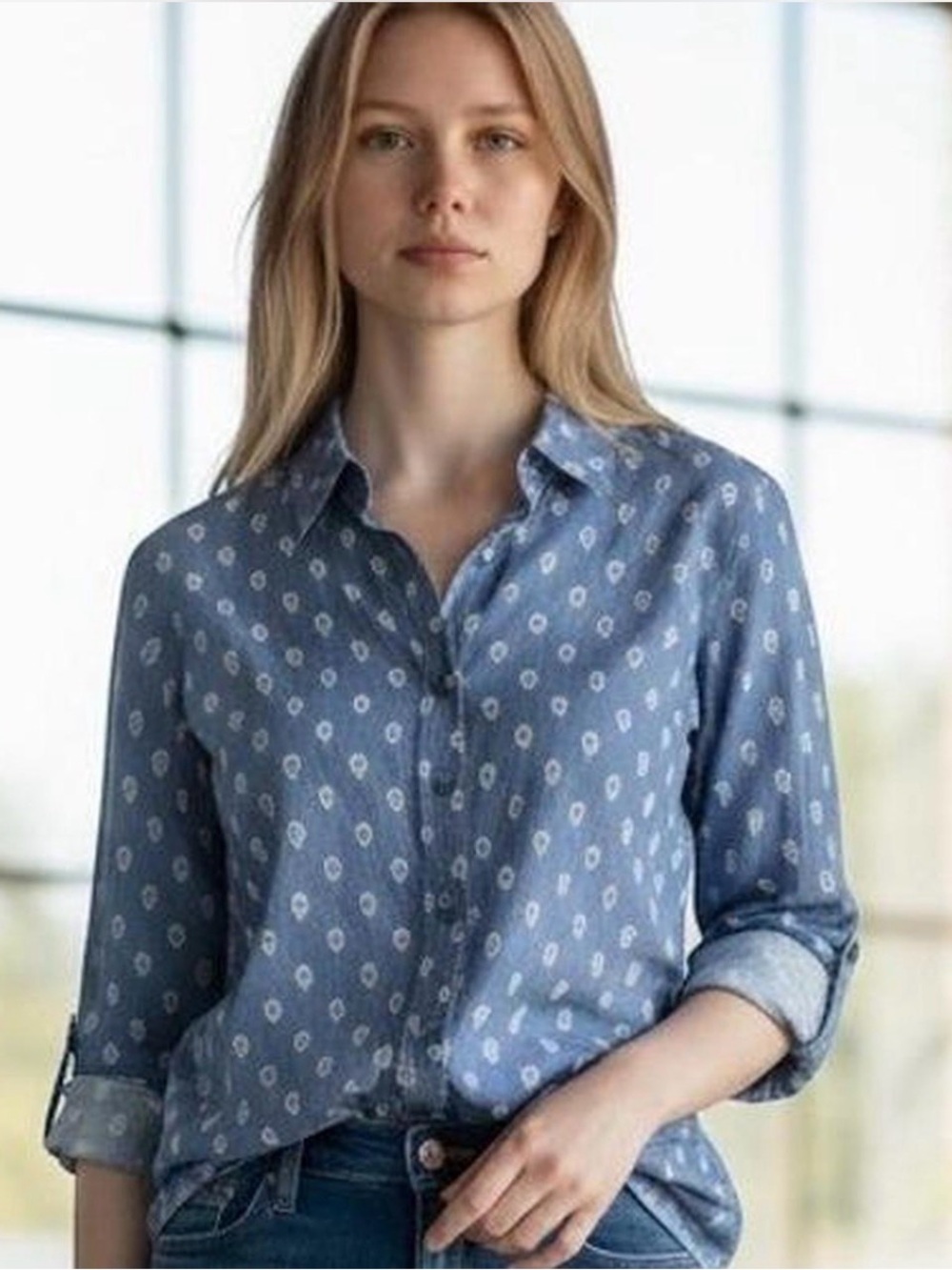 Garnet Hill Essential Organic Pima Cotton Print Shirt Blue Size 4